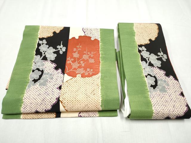 平和屋着物●摺型友禅 京都 多ち花 つけ帯 型染め 枝梅鹿の子雪輪文 正絹 逸品 CABB9464hy