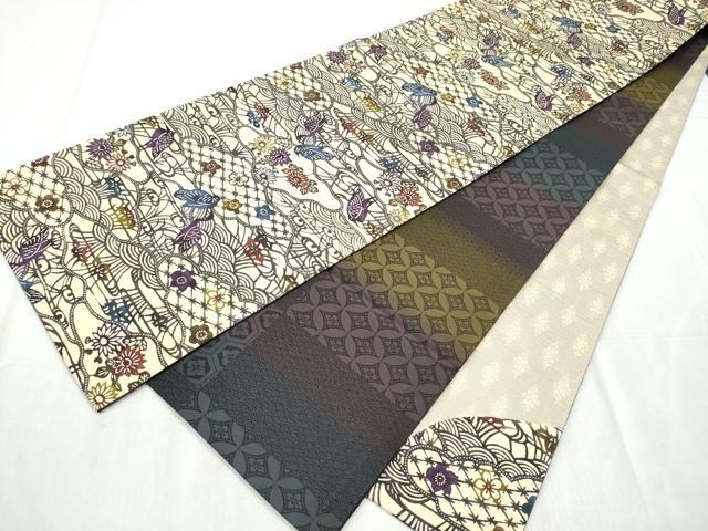 平和屋着物●両方向 両面 全通柄袋帯 紅型 花鳥文 正絹 逸品 未使用 CABB9485hy