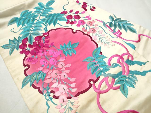 平和屋着物●アンティーク 大正ロマン 九寸名古屋帯 駒刺繍 雪輪枝垂れ藤文 正絹 逸品 CABB9507hy