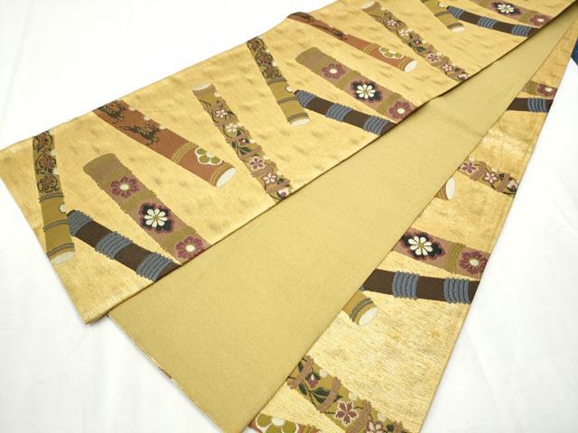 平和屋着物▽六通柄袋帯 スリーシーズン 春夏秋 鹿 横笛花文 金糸 正絹 逸品 CABB9527hy