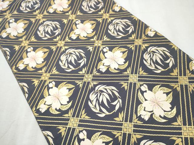 平和屋着物●両面 六通柄袋帯 菱天井枝葉舞桜文 金糸 正絹 逸品 CABB9546hy