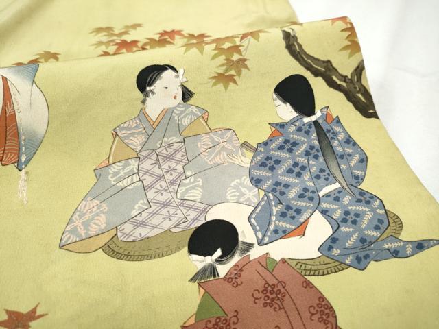 平和屋着物●アンティーク 大正ロマン 両面 六通柄 京袋帯 駒刺繍 人物文 正絹 逸品 CABB9553hy