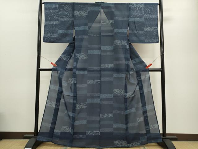 平和屋着物*夏物 小紋 絽 横段吉祥草花文 洗える着物 CABB9670ze