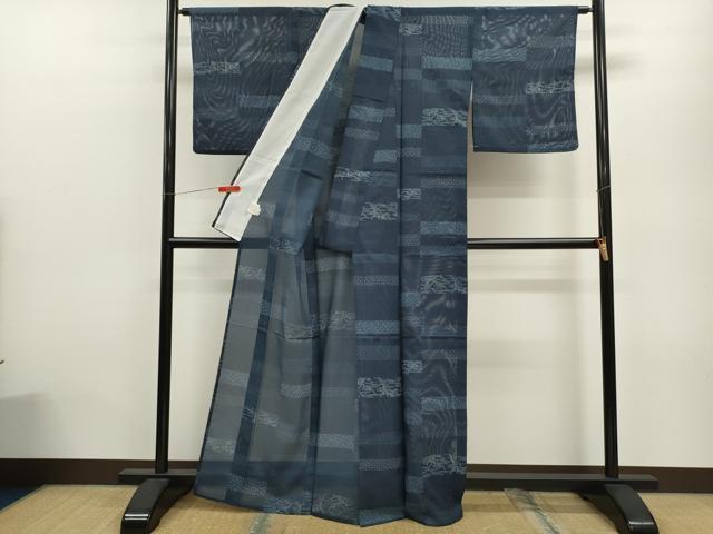平和屋着物*夏物 小紋 絽 横段吉祥草花文 洗える着物 CABB9670ze