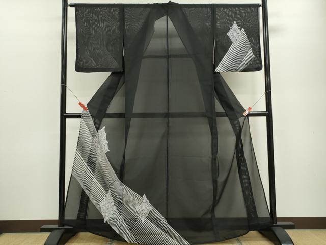 平和屋着物*夏物 訪問着 絽 菱吉祥花文 黒地 洗える着物 CABB9720ze