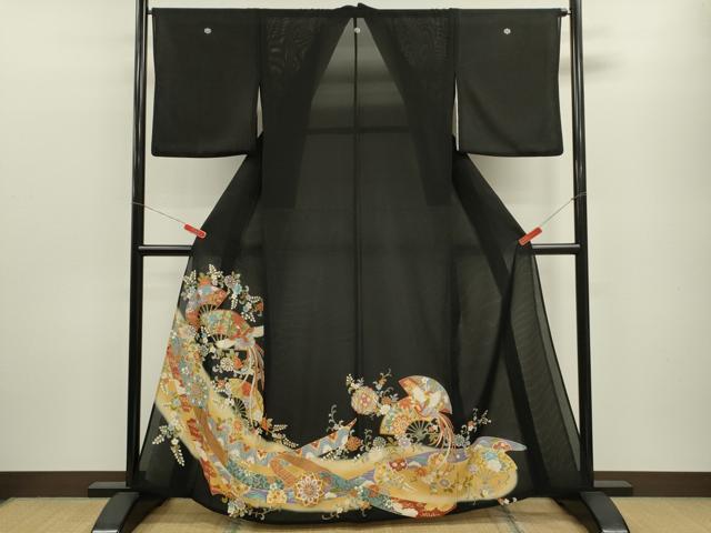 平和屋着物*夏物 黒留袖 絽 鳳凰扇面吉祥花唐草文 暈し染め 金彩 正絹 逸品 CABB9819ze