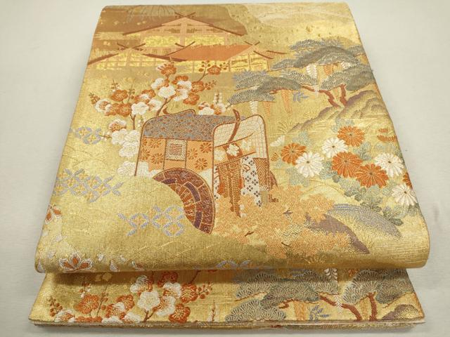 平和屋着物◎全通柄袋帯 唐車道長紋 シルク箔 金糸 正絹 逸品 CABB9965ze