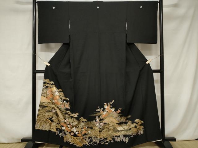 平和屋着物■豪華黒留袖 御所車流水花文 金彩 正絹 逸品 CABC0048ev
