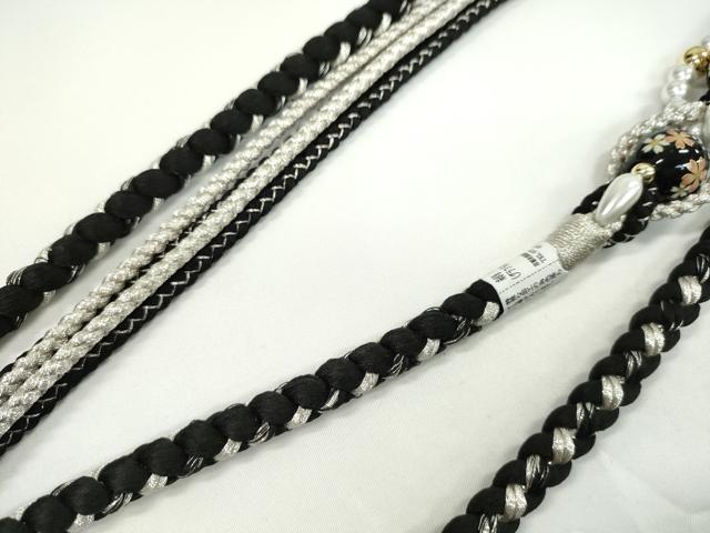 平和屋着物●和装小物 振袖用帯締め 飾り付き パール 飾り玉 黒 銀糸 撚り房 逸品 未使用 CABC0977ju