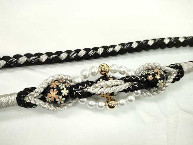 平和屋着物●和装小物 振袖用帯締め 飾り付き パール 飾り玉 黒 銀糸 撚り房 逸品 未使用 CABC0977ju