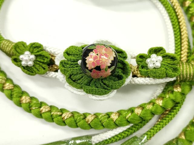 平和屋着物●和装小物 振袖用帯締め 飾り付き つまみ細工 花 飾り玉 パール 鶸萌黄色 金糸 撚り房 逸品 未使用 CABC0989ju