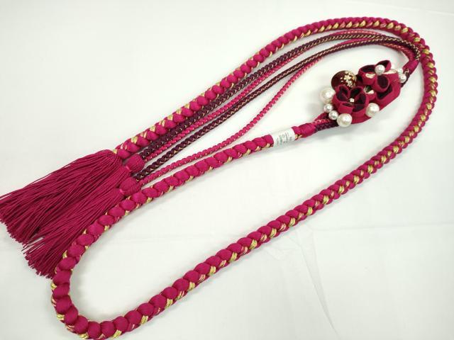 平和屋着物●和装小物 振袖用帯締め 飾り付き つまみ細工 花 飾り玉 パール マゼンタ 金糸 撚り房 逸品 未使用 CABC0999ju