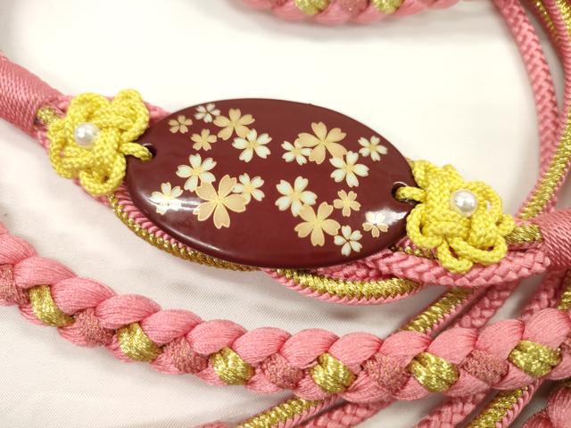 平和屋着物●和装小物 振袖用帯締め 飾り付き 舞桜 パール 桃色 金糸 撚り房 逸品 未使用 CABC1026ju
