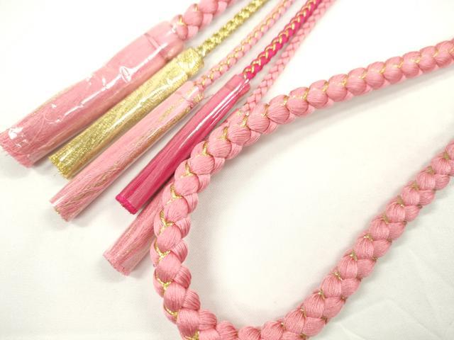 平和屋着物●和装小物 振袖用帯締め 飾り付き 飾り玉 小田巻き 桃色 金糸 切り房 逸品 未使用 CABC1037ju