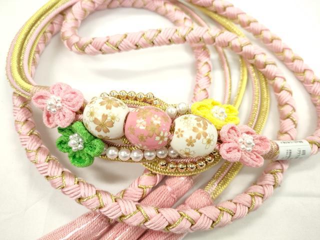 平和屋着物●和装小物 振袖用帯締め 飾り付き つまみ細工 飾り玉 花 パール 薄ピンク 金糸 撚り房 逸品 未使用 CABC1039ju