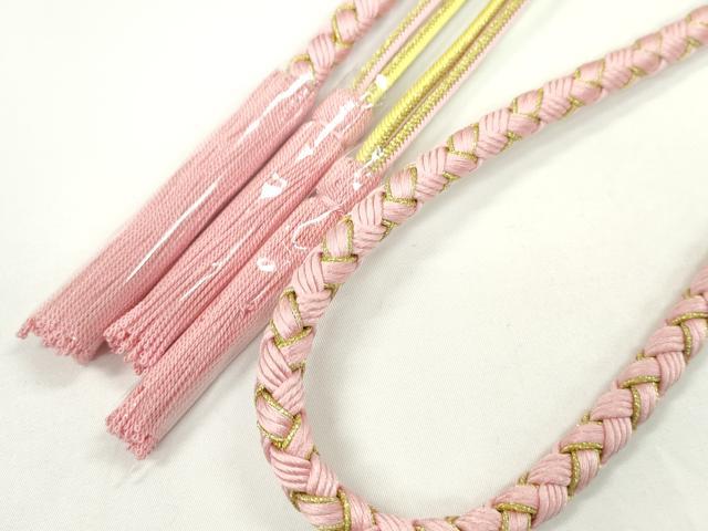 平和屋着物●和装小物 振袖用帯締め 飾り付き つまみ細工 飾り玉 花 パール 薄ピンク 金糸 撚り房 逸品 未使用 CABC1039ju