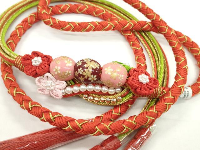 平和屋着物●和装小物 振袖用帯締め 飾り付き つまみ細工 花 飾り玉 パール 緋色 金糸 撚り房 逸品 未使用 CABC1046ju