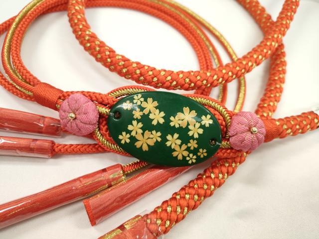 平和屋着物●和装小物 振袖用帯締め 飾り付き 縮緬花飾り 緋色 金糸 切り房 逸品 未使用 CABC1052ju