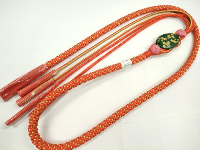 平和屋着物●和装小物 振袖用帯締め 飾り付き 縮緬花飾り 緋色 金糸 切り房 逸品 未使用 CABC1052ju