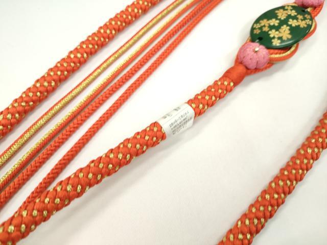 平和屋着物●和装小物 振袖用帯締め 飾り付き 縮緬花飾り 緋色 金糸 切り房 逸品 未使用 CABC1052ju