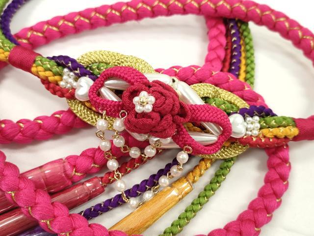平和屋着物●和装小物 振袖用帯締め 飾り付き つまみ細工 パール ハート 花 ルビー色 金糸 切り房 逸品 未使用 CABC1053ju
