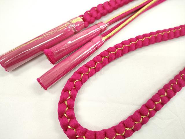 平和屋着物●和装小物 振袖用帯締め 飾り付き 飾り玉 パール ルビー色 金糸 切り房 逸品 未使用 CABC1056ju