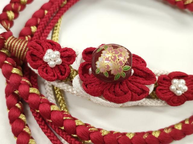 平和屋着物●和装小物 振袖用帯締め 飾り付き つまみ細工 花 飾り玉 パール 赤 金糸 撚り房 逸品 未使用 CABC1057ju