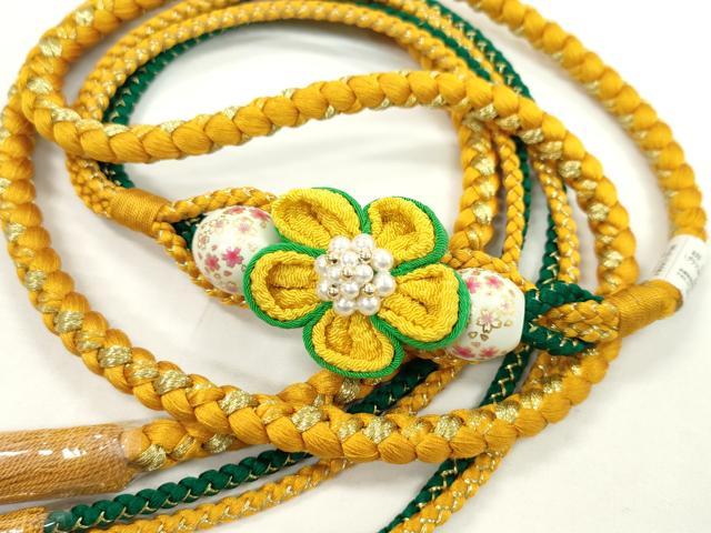 平和屋着物●和装小物 振袖用帯締め 飾り付き つまみ細工 花 飾り玉 パール 山吹色 金糸 撚り房 逸品 未使用 CABC1065ju