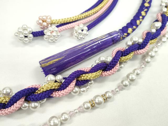 平和屋着物●和装小物 振袖用帯締め 飾り付き パール ラインストーン 小田巻き 本紫 金糸 切り房 逸品 未使用 CABC1074ju