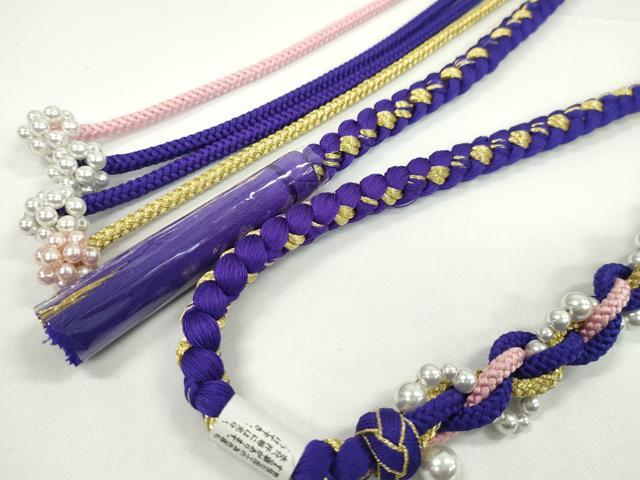 平和屋着物●和装小物 振袖用帯締め 飾り付き パール ラインストーン 小田巻き 本紫 金糸 切り房 逸品 未使用 CABC1074ju
