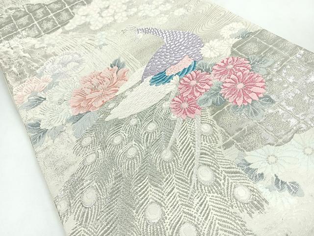 平和屋着物◎六通柄袋帯 唐織 孔雀花文 銀彩 正絹 逸品 CABC1618nb