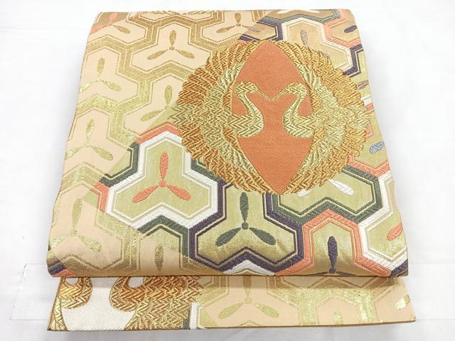 平和屋着物◎六通柄袋帯 唐織 双鶴文 毘沙門亀甲 金糸 正絹 逸品 CABC1837nb