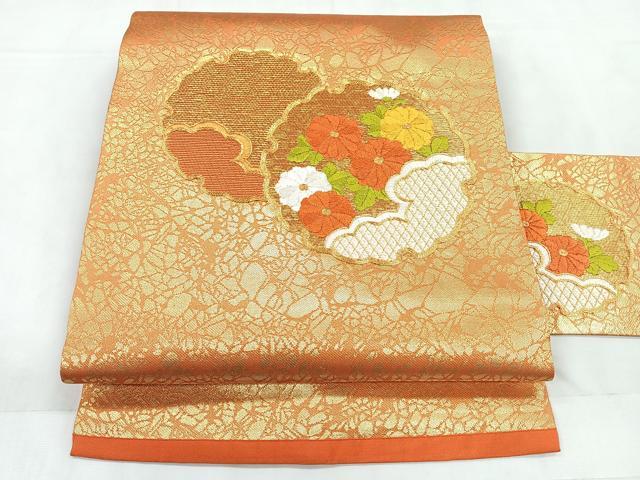 平和屋着物◎九寸名古屋帯 駒刺繍 雪輪花文 金糸 正絹 逸品 CABC1989nb