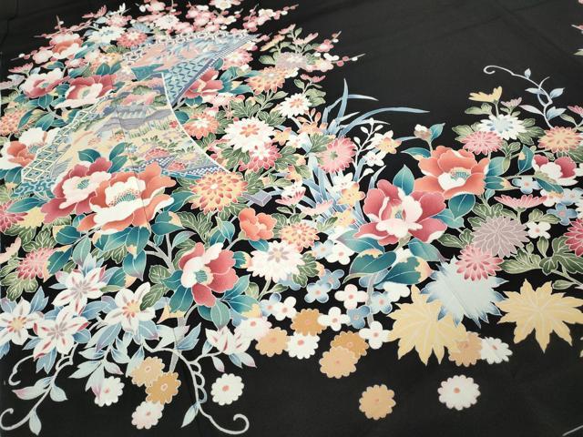 平和屋着物●豪華黒留袖 友禅 作家物 扇面風景草花文 正絹 逸品 未使用 CABC2086ut