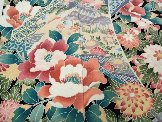 平和屋着物●豪華黒留袖 友禅 作家物 扇面風景草花文 正絹 逸品 未使用 CABC2086ut