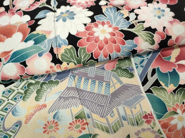 平和屋着物●豪華黒留袖 友禅 作家物 扇面風景草花文 正絹 逸品 未使用 CABC2086ut