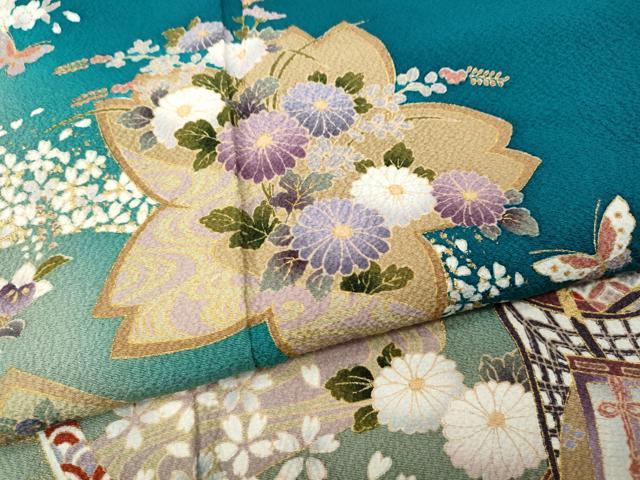 平和屋着物●豪華振袖・長襦袢セット 御所車花蝶文 暈し染め 金彩 正絹 逸品 CABC2208ut