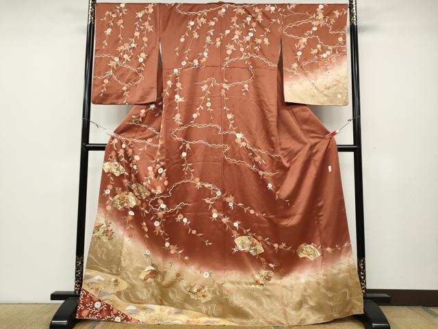 平和屋着物●十日町老舗ブランド 吉澤友禅 吾妻徳穂 訪問着 駒刺繍 地紙枝花文 暈し染め 金彩 正絹 逸品 CABC2326ut