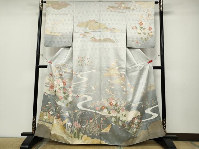 平和屋着物●訪問着 作家物 舟流水草花文 金銀彩 正絹 逸品 CABC2384ut