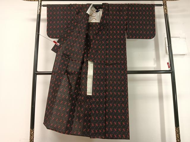 平和屋着物●久留米絣 単衣 絣吉祥文 黒地 綿 逸品 CABC2628vp
