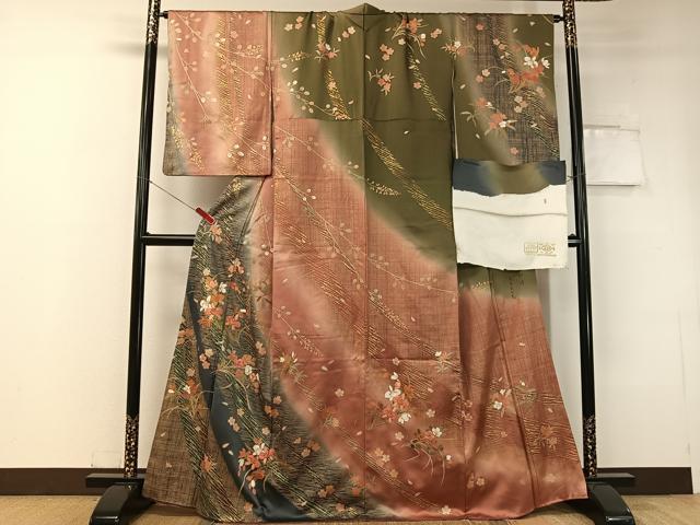 平和屋着物●訪問着 松峰 駒刺繍 舞花文 暈し染め 金彩 反端付き 正絹 逸品 CABC2737vp