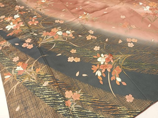 平和屋着物●訪問着 松峰 駒刺繍 舞花文 暈し染め 金彩 反端付き 正絹 逸品 CABC2737vp