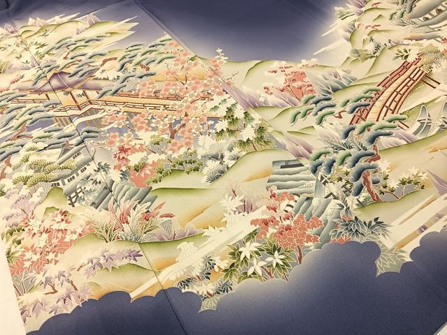平和屋着物●訪問着 友禅 遠山風景花文 暈し染め 金彩 正絹 逸品 CABC2766vp