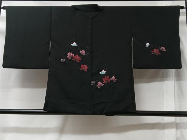 平和屋着物#羽織 総刺繍 草花文 黒地 正絹 逸品 CABC3037ua