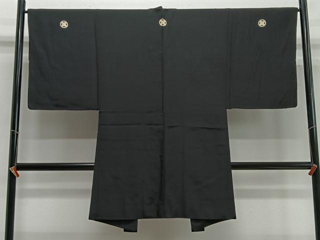 平和屋着物∞男性 長羽織 黒紋付 羽裏:風景文 羽織紐付き 正絹 逸品 CABC3164ua