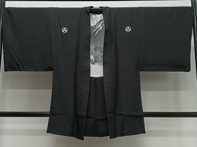 平和屋着物∞男性 長羽織 黒紋付 羽裏:遠山文 正絹 逸品 CABC3166ua