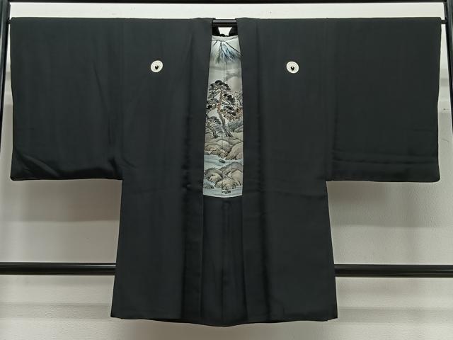 平和屋着物∞男性 長羽織 黒紋付 羽裏:風景文 正絹 逸品 CABC3167ua