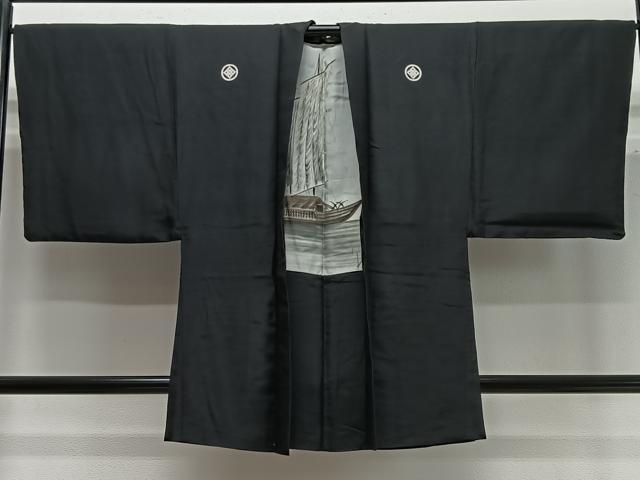 平和屋着物∞男性 長羽織 黒紋付 羽裏:舟 正絹 逸品 CABC3168ua