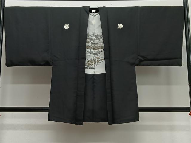 平和屋着物∞男性 羽織 黒紋付 羽裏:風景文 正絹 逸品 CABC3169ua