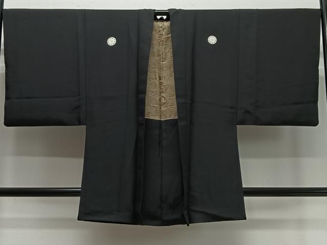 平和屋着物∞男性 長羽織 黒紋付 羽裏:人物風景文 正絹 逸品 CABC3171ua